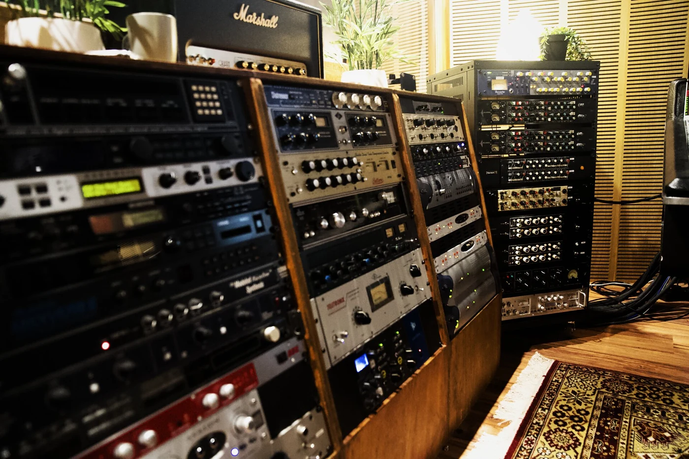 Racks of vintage and modern outboard — compressors, EQ and preamps — in Studio A at The Avenue Recording Studio, Cheltenham Melbourne