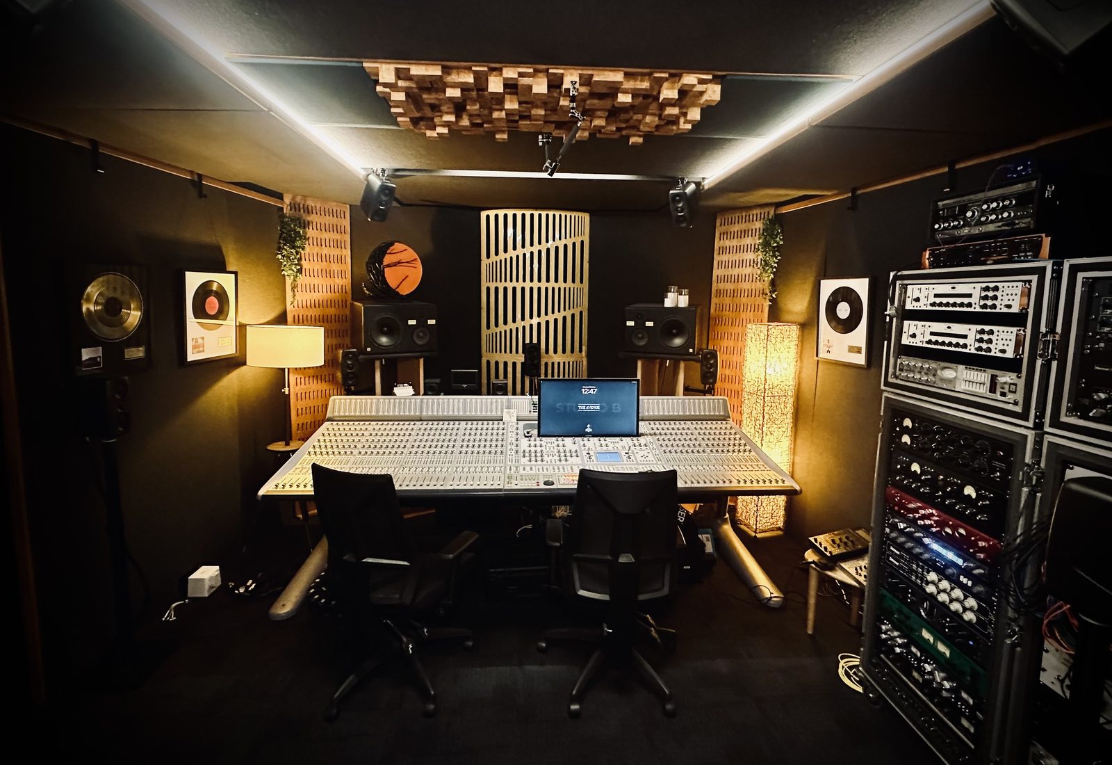 Studio B mix room with its console, monitors and outboard racks at The Avenue Recording Studio, Cheltenham Melbourne