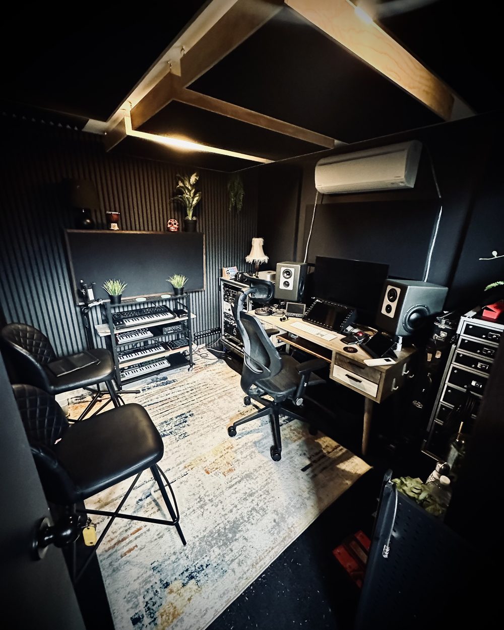 Studio E production and mixing room with desk, monitors and synths at The Avenue Recording Studio, Bayside Melbourne